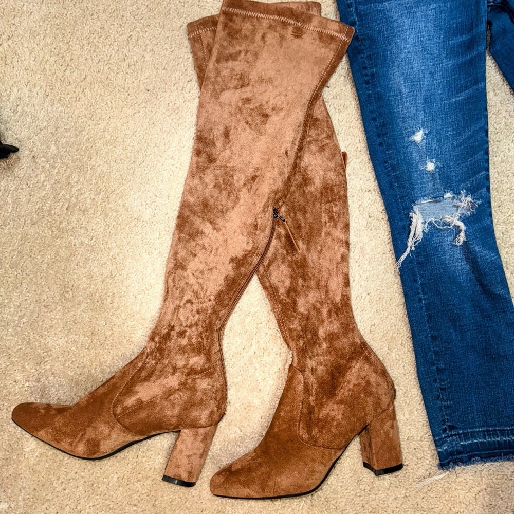 Tan Suede Over the Knee Boots with Chunky Heel